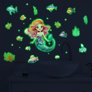 Luminous mermaid wall stickers with glowing fish and bubbles for home bathroom decoration