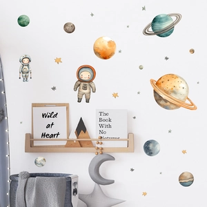 Watercolor space wall stickers with astronauts and planets for nursery room decoration