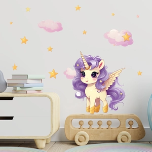 Luminous unicorn wall stickers with pink clouds and yellow stars for kid's room decor