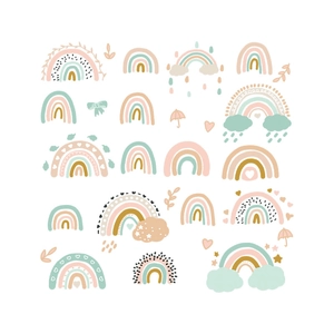 Detailed collection of bohemian rainbow wall stickers in soft Morandi colors and patterns
