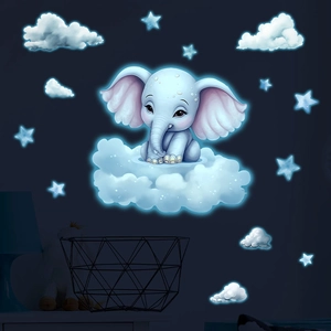 Cute cartoon elephant on clouds glow-in-the-dark wall stickers for kids nursery room