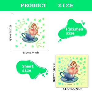 Size chart showing 15x15cm dimensions for glow-in-the-dark teacup girl wall stickers