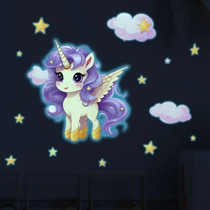 Luminous wall stickers featuring cartoon unicorns and stars glowing in a dark room