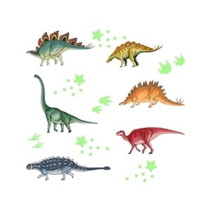 Detailliertes Aquarell-Set leuchtender Dinosaurier-Wandsticker und Sterne für Kinderzimmer