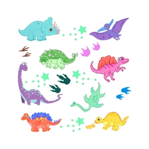 Close-up of colorful cartoon dinosaur wall stickers with star and footprint patterns