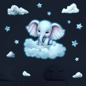 Detail of glow in the dark cartoon elephant sitting on clouds with stars wall stickers