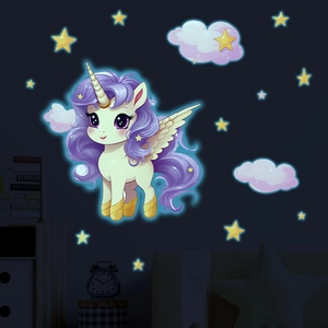Luminous unicorn wall stickers with glowing stars and clouds for kids bedroom decor
