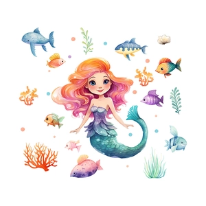 Detail view of cartoon mermaid and ocean creature stickers on a clean white background