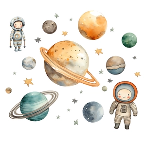 Close-up of watercolor space stickers featuring astronauts and colorful planets
