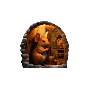 Sticker mural 3D détaillé trou de souris dessin animé avec intérieur chaleureux pour enfants