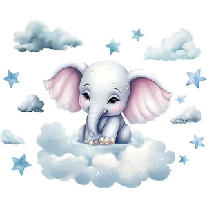Detailed watercolor cartoon elephant sitting on blue clouds with stars wall stickers