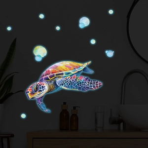 Glow in the dark turtle wall sticker with colorful pop art geometric patterns and bubbles