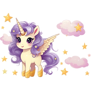 Detail of glow-in-the-dark unicorn wall sticker with pink clouds and yellow stars