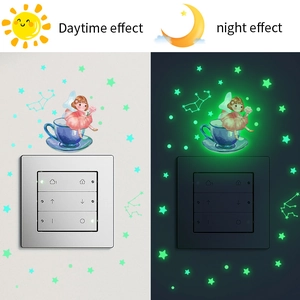 Luminous wall sticker set featuring fairy girl in tea cup with stars in day and night view