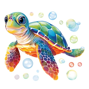 Vibrant cartoon rainbow sea turtle wall sticker with colorful bubbles for kids' rooms