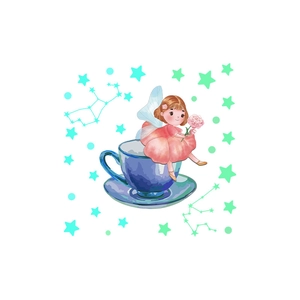Detailed watercolor fairy sitting on tea cup with stars for glow-in-the-dark wall stickers