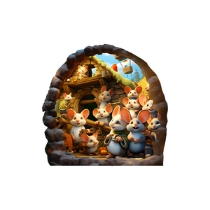 Detailed 3D cartoon mouse hole wall sticker with cute glowing mice for room decor