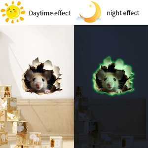 Luminous cartoon 3D mouse hole wall sticker showing daytime and night glow effects