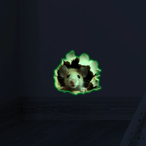 Luminous 3D wall sticker of a realistic brown mouse peeping through a broken wall hole