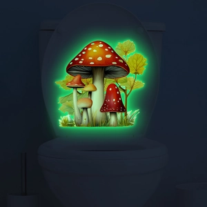 Glow-in-the-dark mushroom wall sticker showing fluorescent forest pattern on toilet lid
