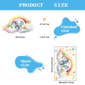 Detailed size chart for watercolor elephant rainbow wall stickers showing 40x47cm sheet dimensions