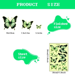 Detailed size chart for butterfly wall stickers with sheet and finished dimensions