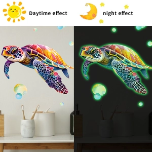 Detailed comparison of colorful turtle wall stickers showing day and night luminous effects