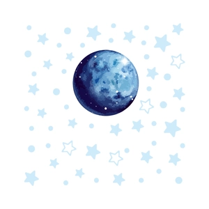 Detail of blue watercolor moon and star wall stickers for a dreamy nursery decor