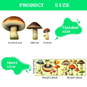 Detailed size guide for mushroom wall stickers showing layout and finished dimensions