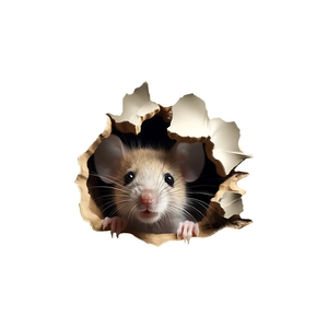 Close-up of 3D cartoon mouse peeking from a realistic broken wall hole sticker