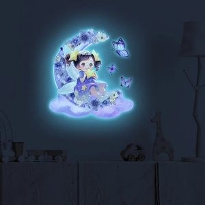 Leuchtender Wandaufkleber mit Cartoon-Mädchen auf dem Mond für die Kinderzimmerdekoration