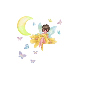 Detail of flower fairy sticker with glowing moon and butterflies for kids room