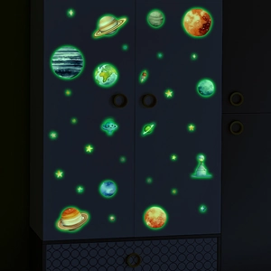 Luminous solar system planet stickers for kids room with glowing stars and spaceships