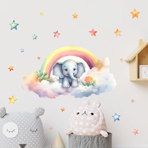 Luminous cartoon elephant rainbow wall decals for nursery decor with watercolor stars stickers