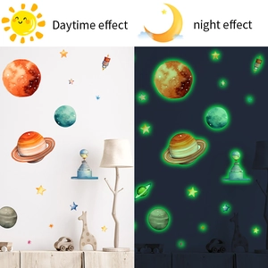 Glow-in-the-dark space wall stickers set showing daytime and night lighting effects