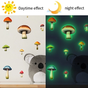 Luminous colorful mushroom wall stickers showing day and night glow effect in kids room