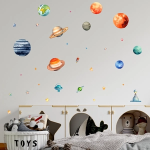 Solar system wall stickers with watercolor planets and stars for kids room decor