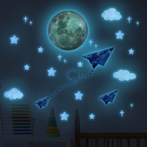 Luminous moon and star wall stickers set with paper planes for kids room decor