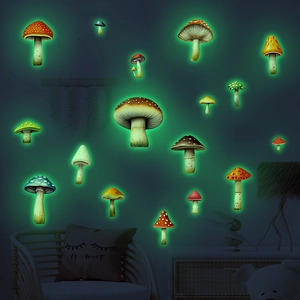 Luminous cartoon mushroom wall stickers for bedroom decor with green fluorescent glow