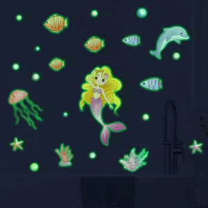 Adesivi murali oceano luminosi con sirena e delfino per decorazione camera dei bambini