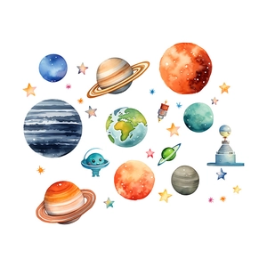 Detailed view of watercolor solar system space stickers with planets and stars