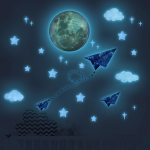 Luminous moon and star wall stickers with paper airplane decals for nursery room decoration