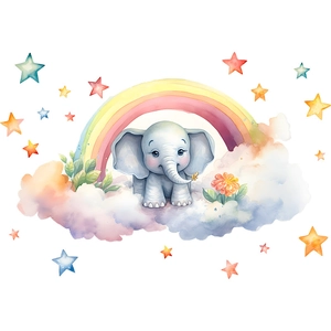Detail of cartoon elephant on a cloud with rainbow and stars glow-in-the-dark wall sticker
