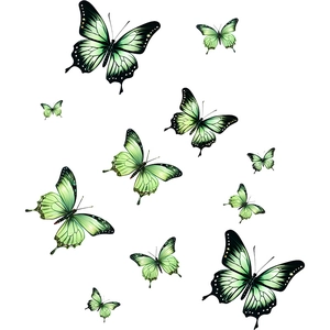 Close-up of 10 fluorescent butterfly wall stickers in various sizes with realistic veins