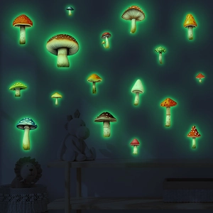 Luminous mushroom wall stickers glowing green in a dark bedroom kids room decor