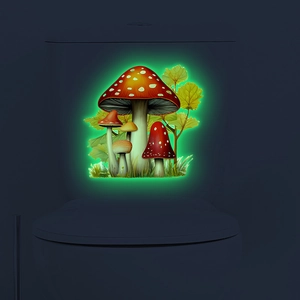 Glow in the dark cartoon mushroom wall stickers on toilet tank in dark bathroom