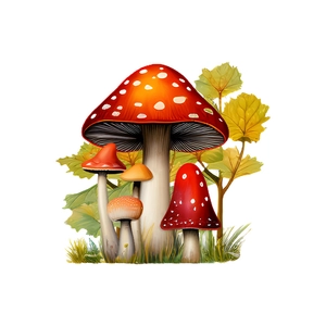 Detailed view of colorful 3D mushroom stickers with red caps and green leaves on white
