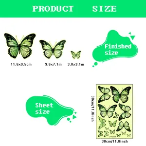 Size chart showing luminous butterfly wall stickers in dimensions 30x30cm sheet size