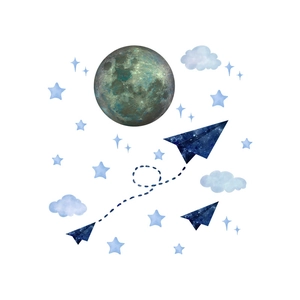 Detailed wall sticker set featuring a realistic moon, starry paper planes, and soft blue clouds