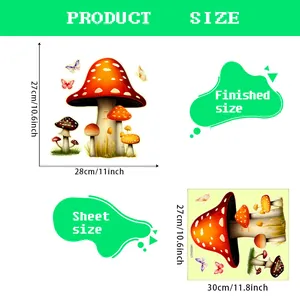 Detailed size chart for mushroom wall stickers showing dimensions 27x28cm for nursery